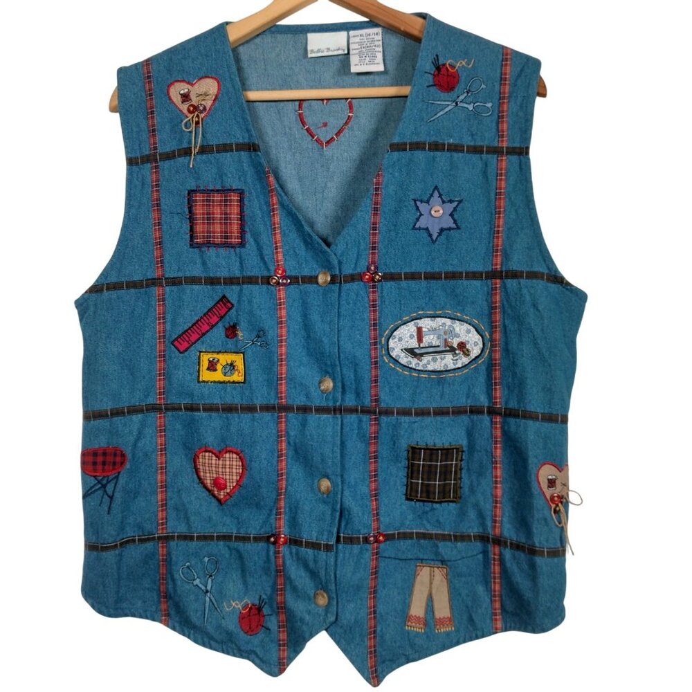 Vintage Bobbie Brooks Vest XL Blue Chambray Quilting Sewing Grannycore - Picture 1 of 14